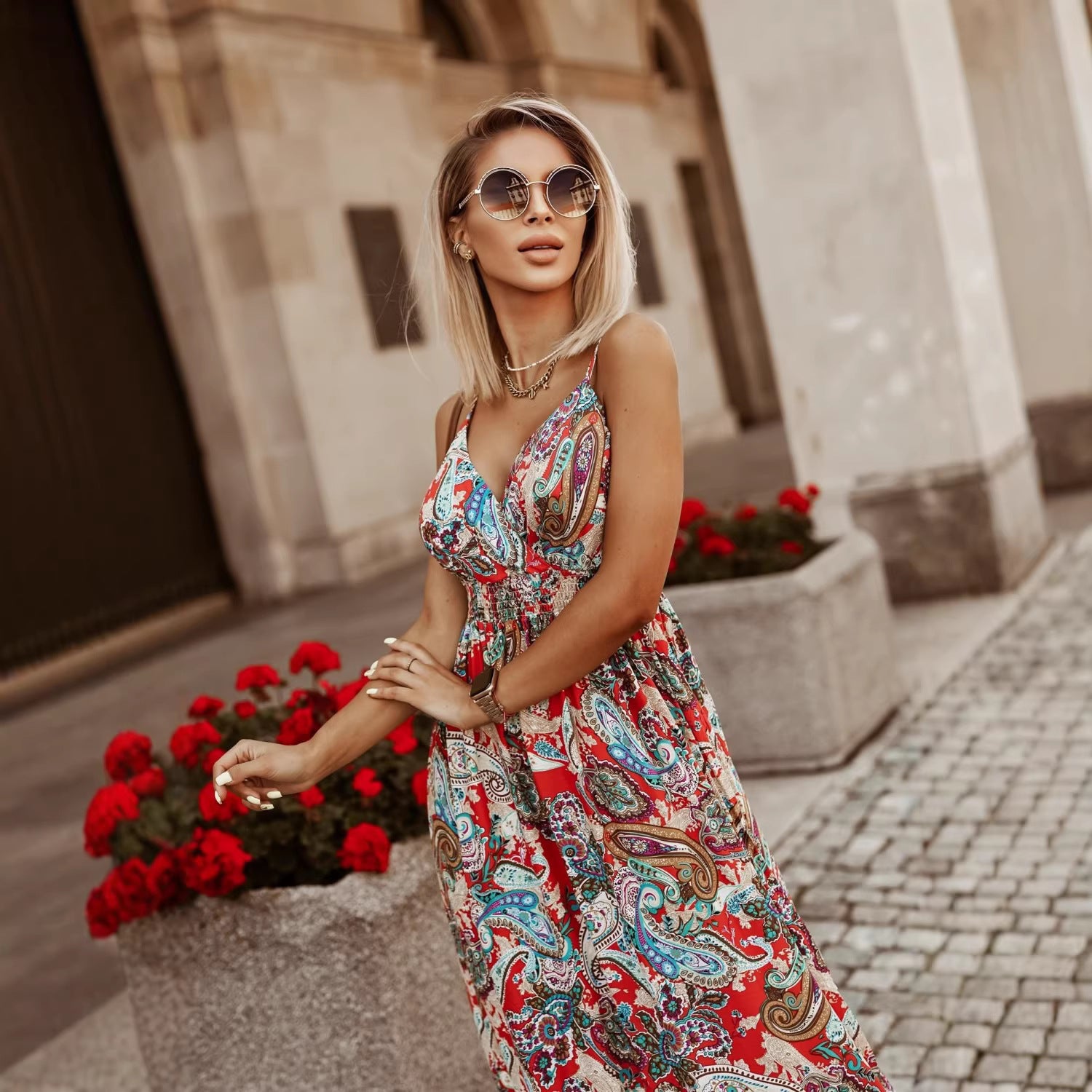 Floral Print Sleeveless Square Neck Tiered Ruffle Midi Dress