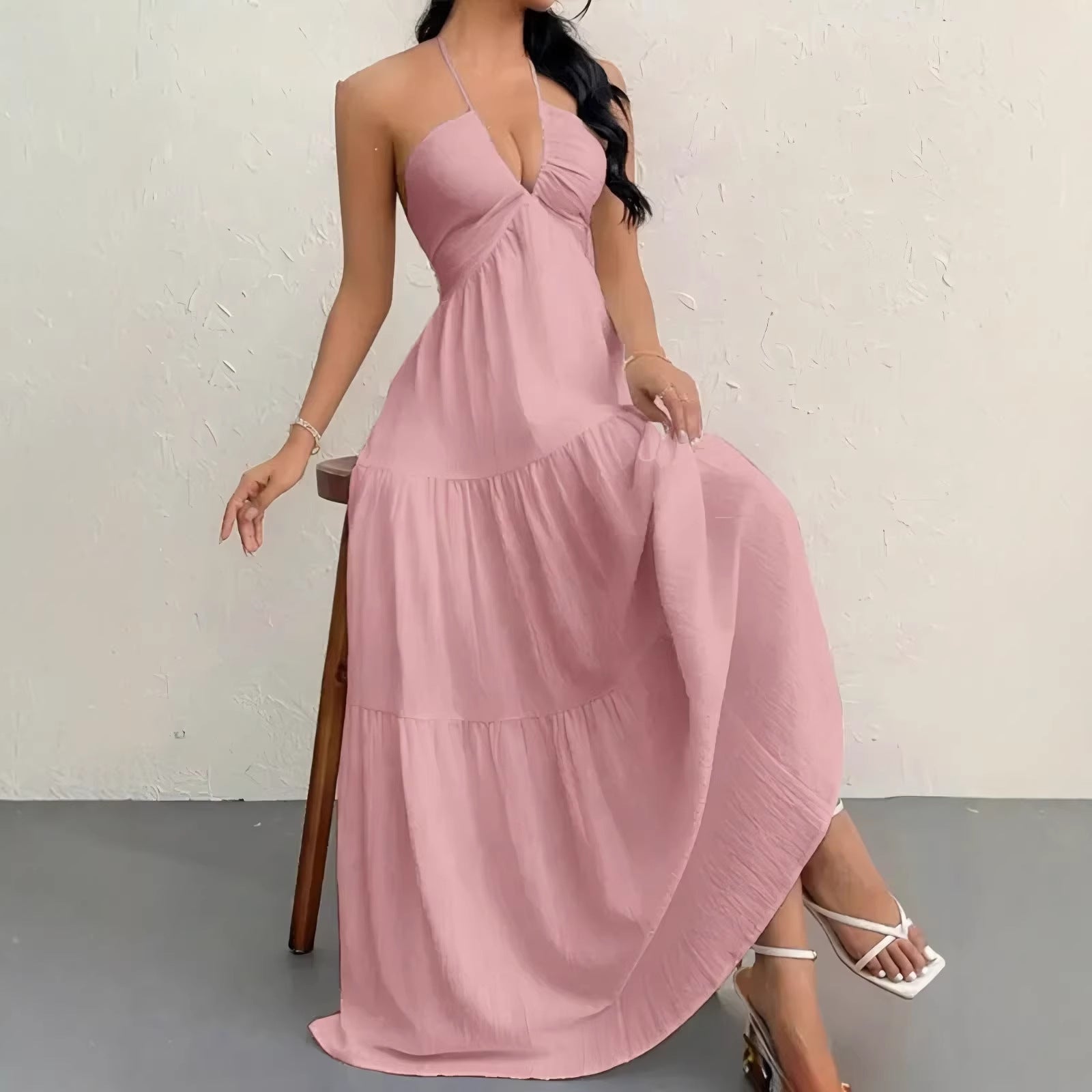 Solid Colour Halter Neck Backless Tie-Up Maxi Dress
