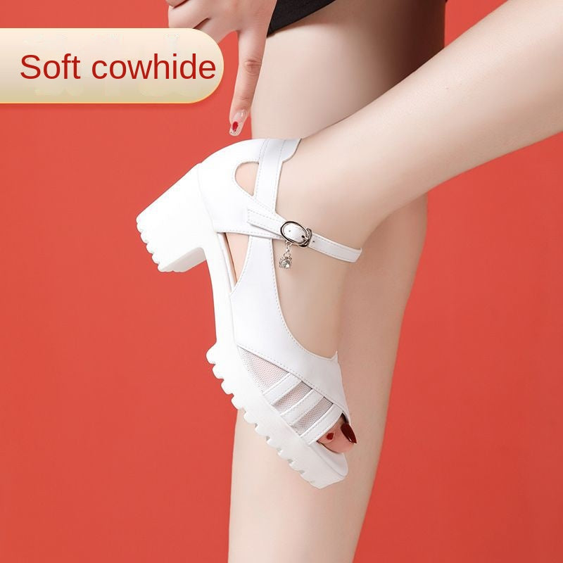 One-Strap Genuine Leather Chunky Heel Platform Sandals
