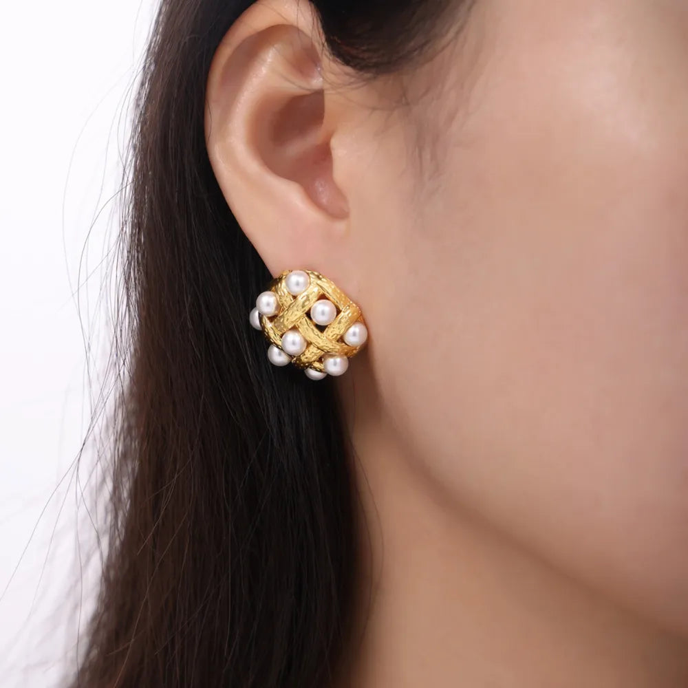 Shell Pearl & Copper Stud Earrings