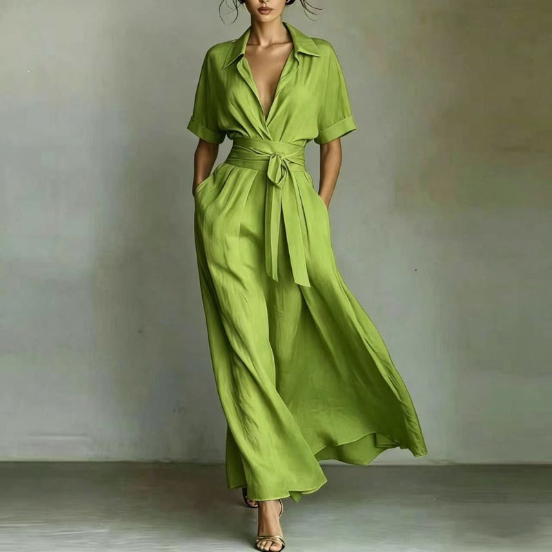 Wide Collar Three-Quarter Sleeve Waist-Defining Maxi Dress