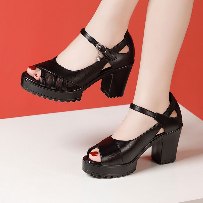 One-Strap Genuine Leather Chunky Heel Platform Sandals