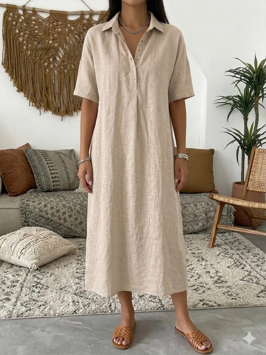 Casual Straight Fit Linen Short Sleeve Polo Neck Dress
