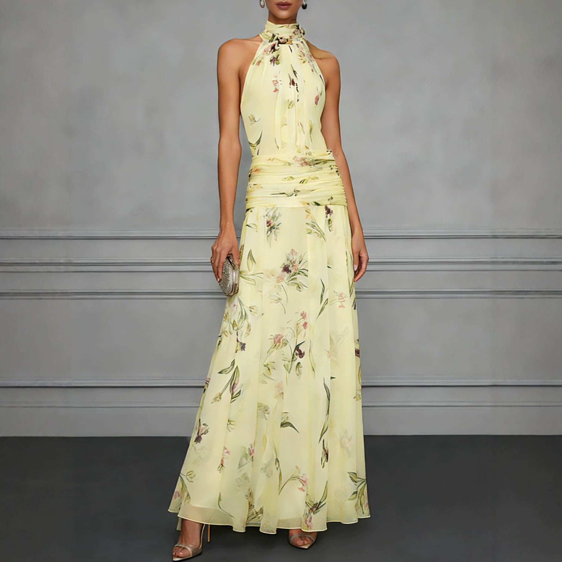 Printed Halter Neck Fitted Maxi Dress