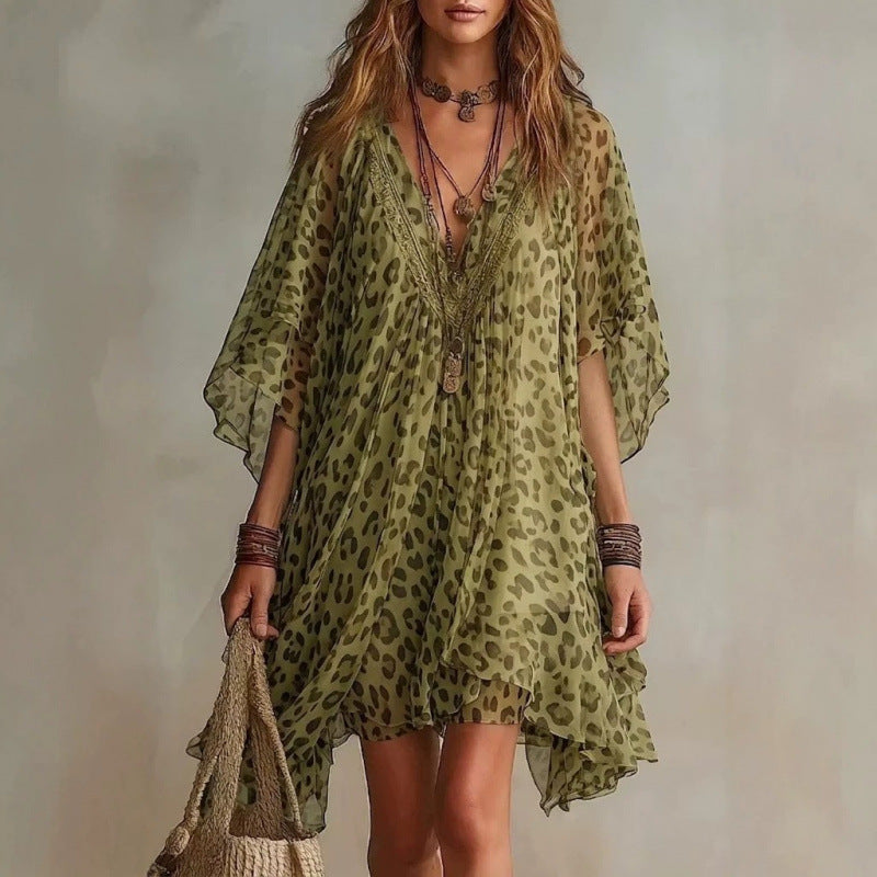 V-Neck Chiffon Leopard Print Beach Cover-Up Dress