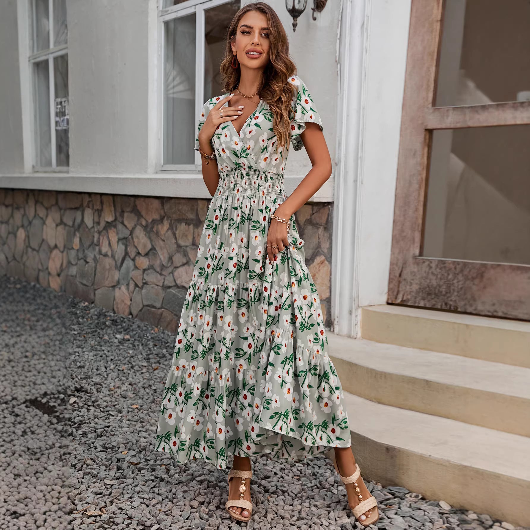 Floral Print Sleeveless Square Neck Tiered Maxi Dress