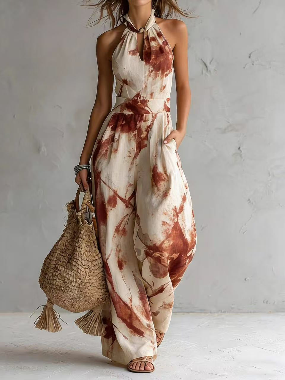 Halter Backless Tie-Dye Wide-Leg Jumpsuit