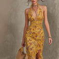 Vestido halter amarillo vintage francés con estampado floral, escote pronunciado y volantes