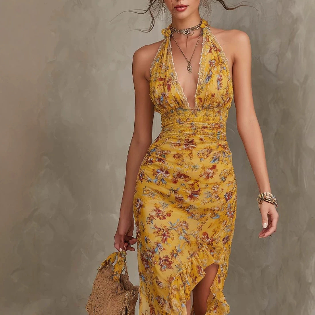 French Vintage Yellow Floral Halter Neck Deep V Ruffle Dress