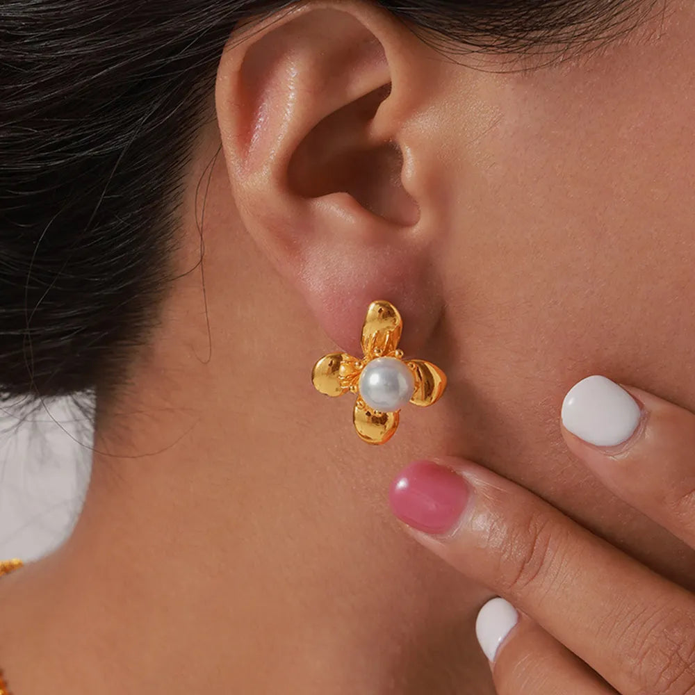 Synthetic Pearl Flower Earrings in Titanium Steel