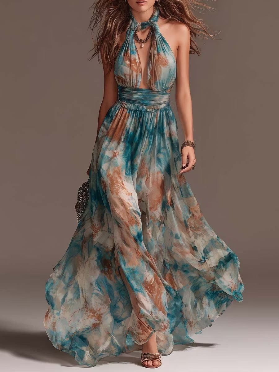 Halter Neck Backless Ink Print Vacation Maxi Dress