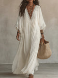Lace Patchwork V-Neck Long Vacation Beach Dress