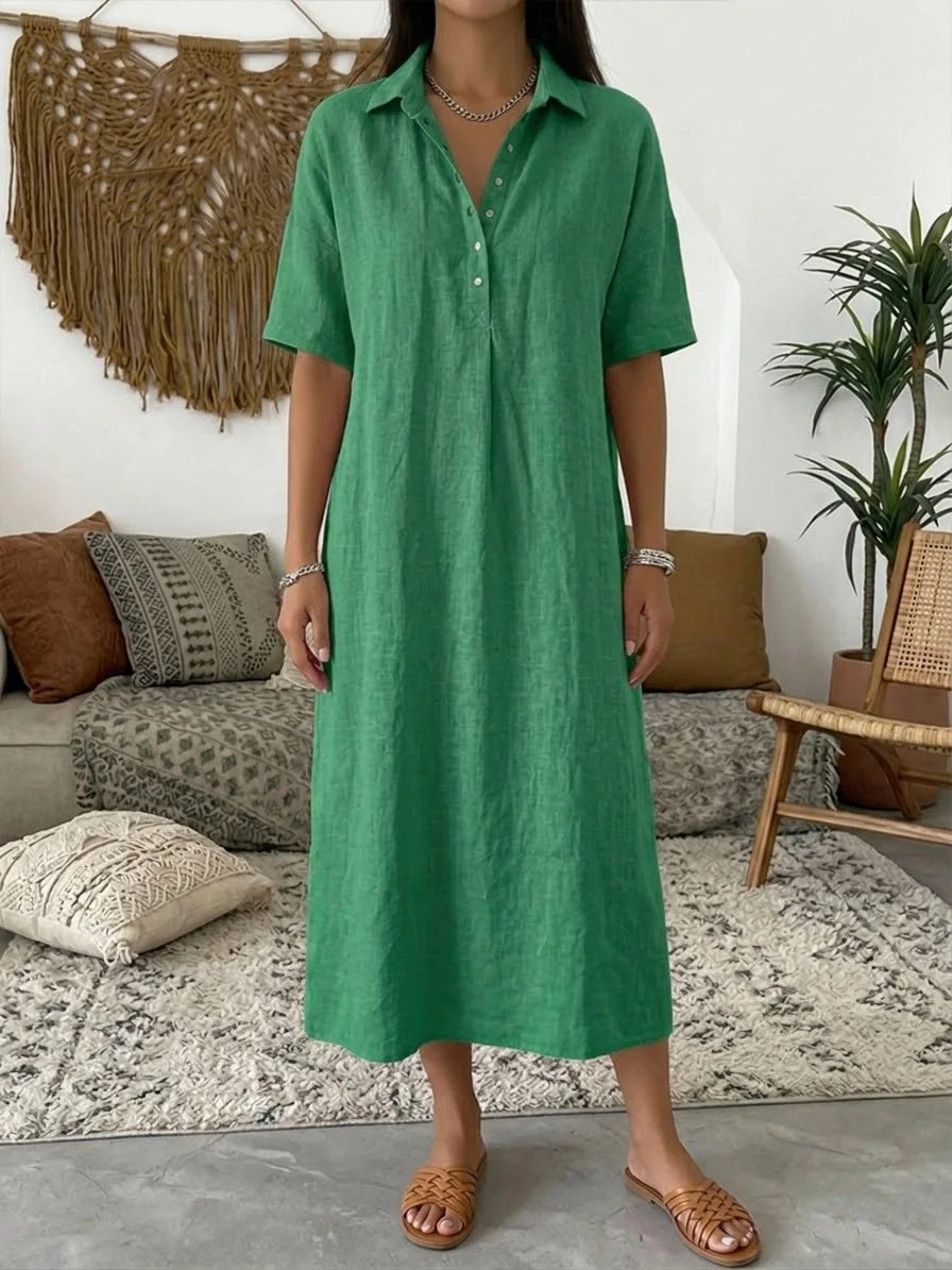 Casual Straight Fit Linen Short Sleeve Polo Neck Dress
