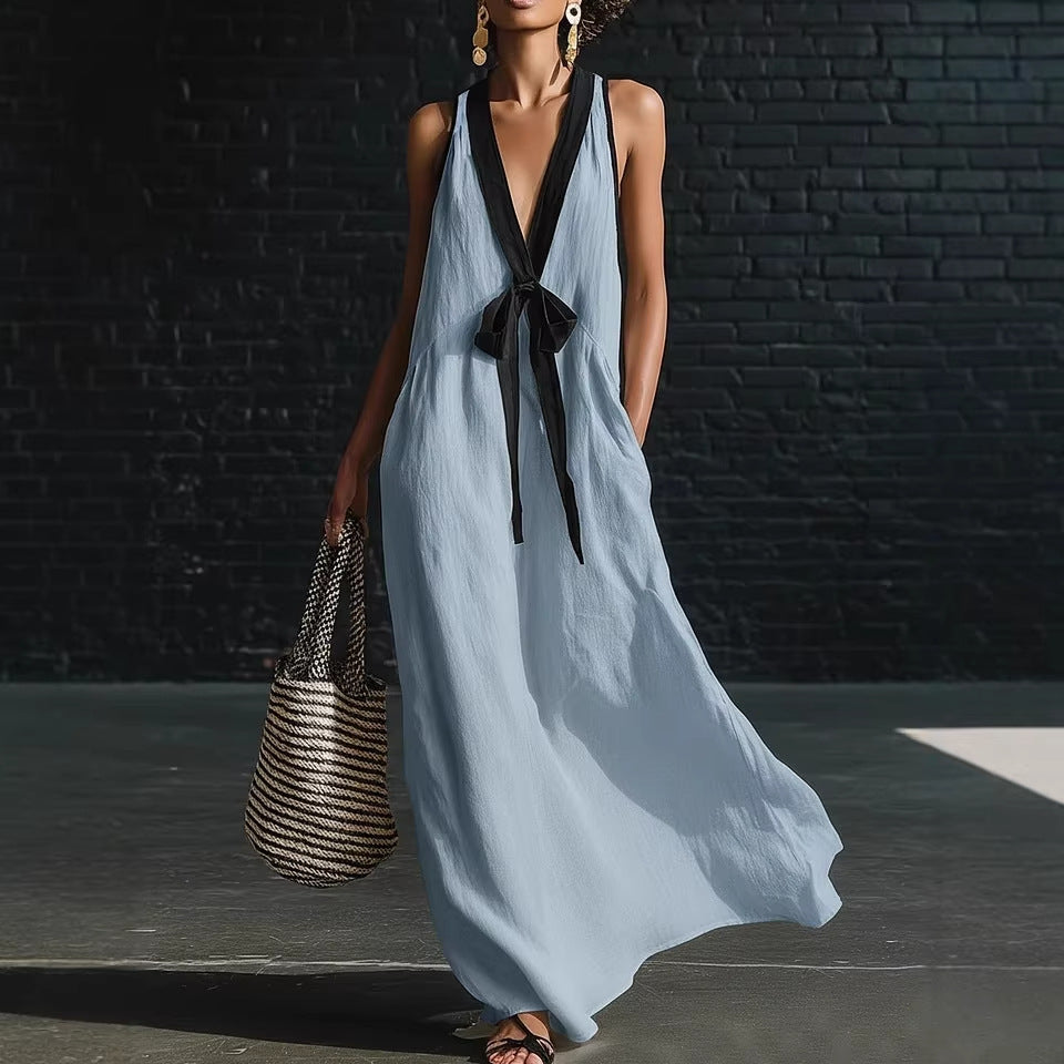 V-Neck Strapless Sleeveless Resort-Style Elegant Maxi Dress