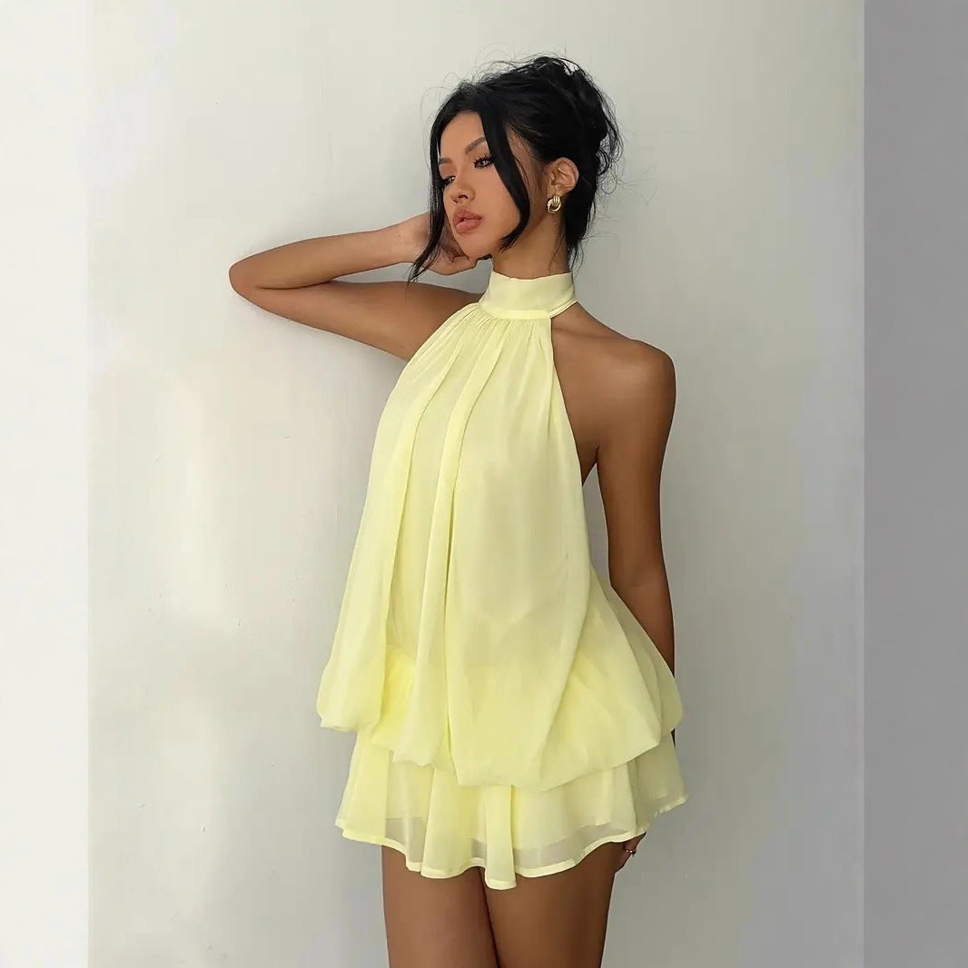 High-Waist Halter Neck Backless A-Line Short Dress