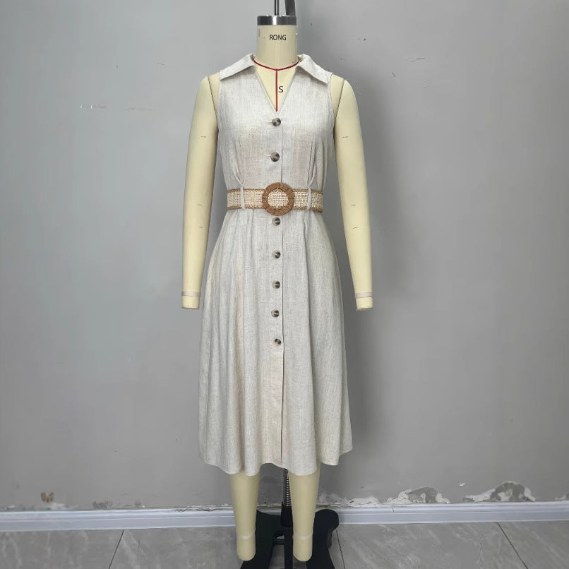V-Neck Sleeveless Waistband A-Line Shirt Dress