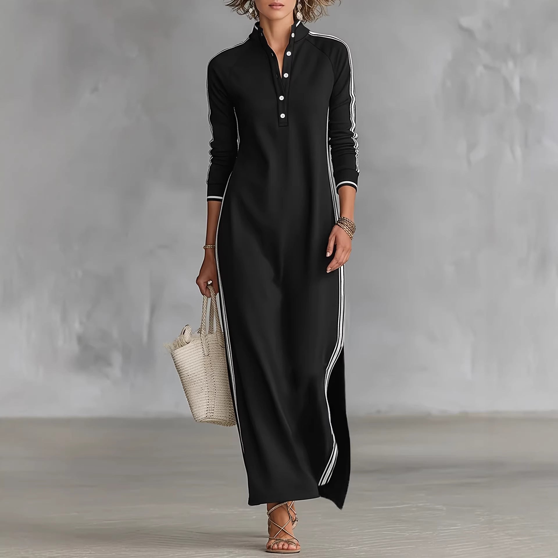 White Rolled Edge Button Neck Hoodie Maxi Dress