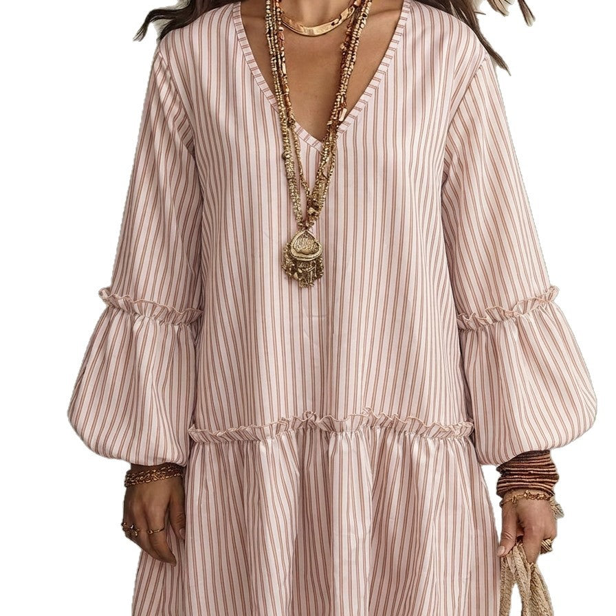 Stripe Print V-Neck Lantern Sleeve A-Line Mini Dress