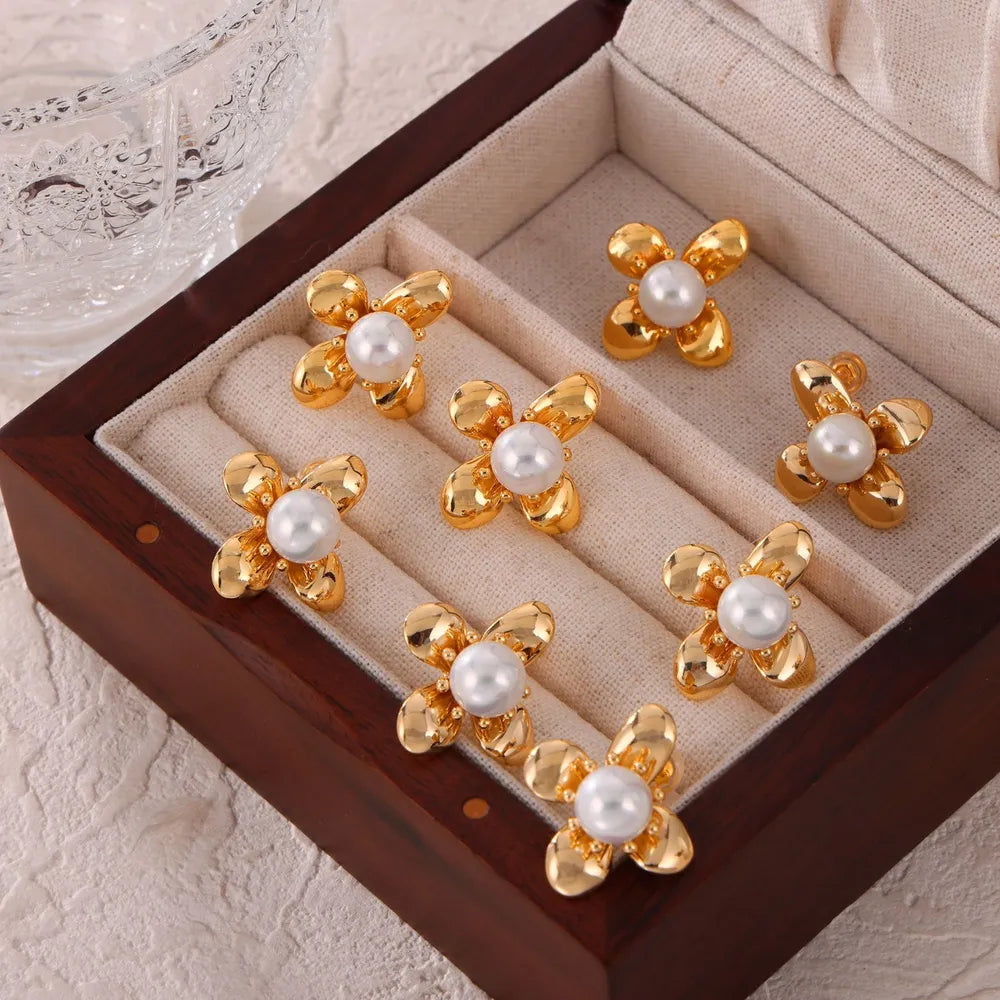 Synthetic Pearl Flower Earrings in Titanium Steel