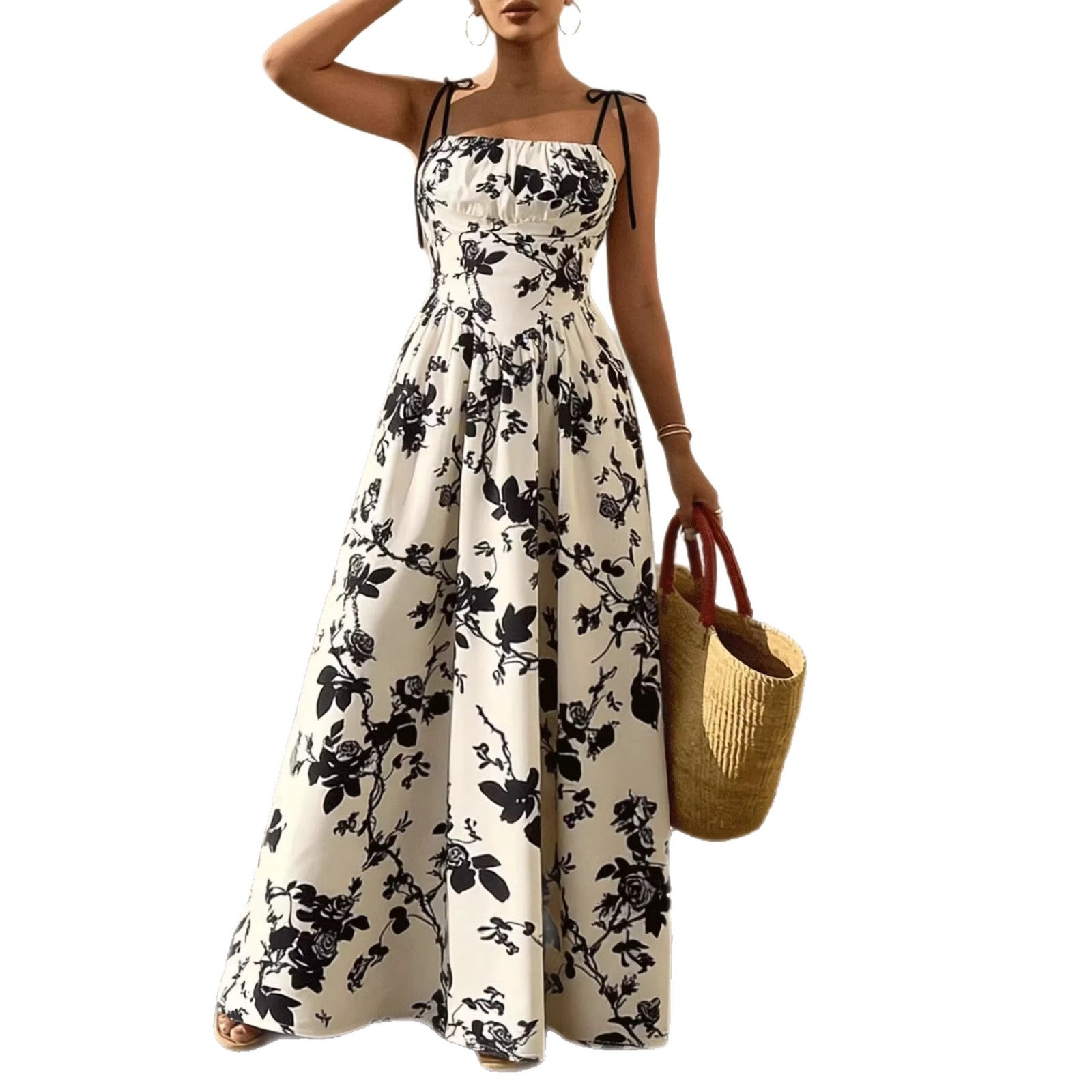 Floral Print Sleeveless Square Neck Smocked Waist Maxi Dress