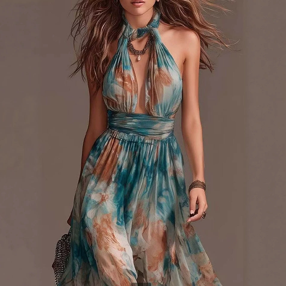 Halter Neck Backless Ink Print Vacation Maxi Dress