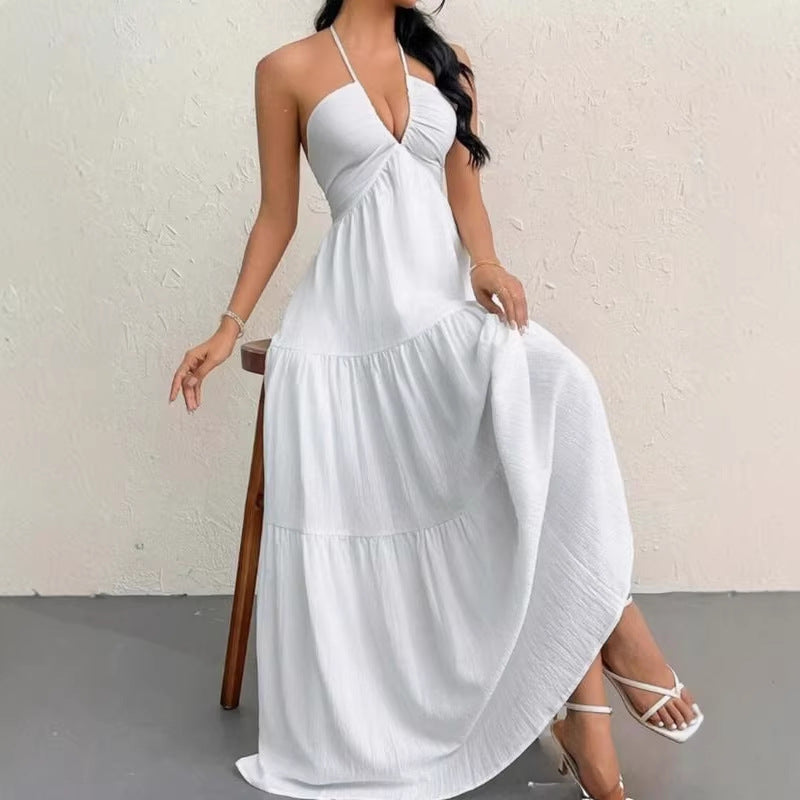 Solid Colour Halter Neck Backless Tie-Up Maxi Dress