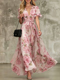 Ruffle Sleeve Deep V-Neck Printed Maxi Dress