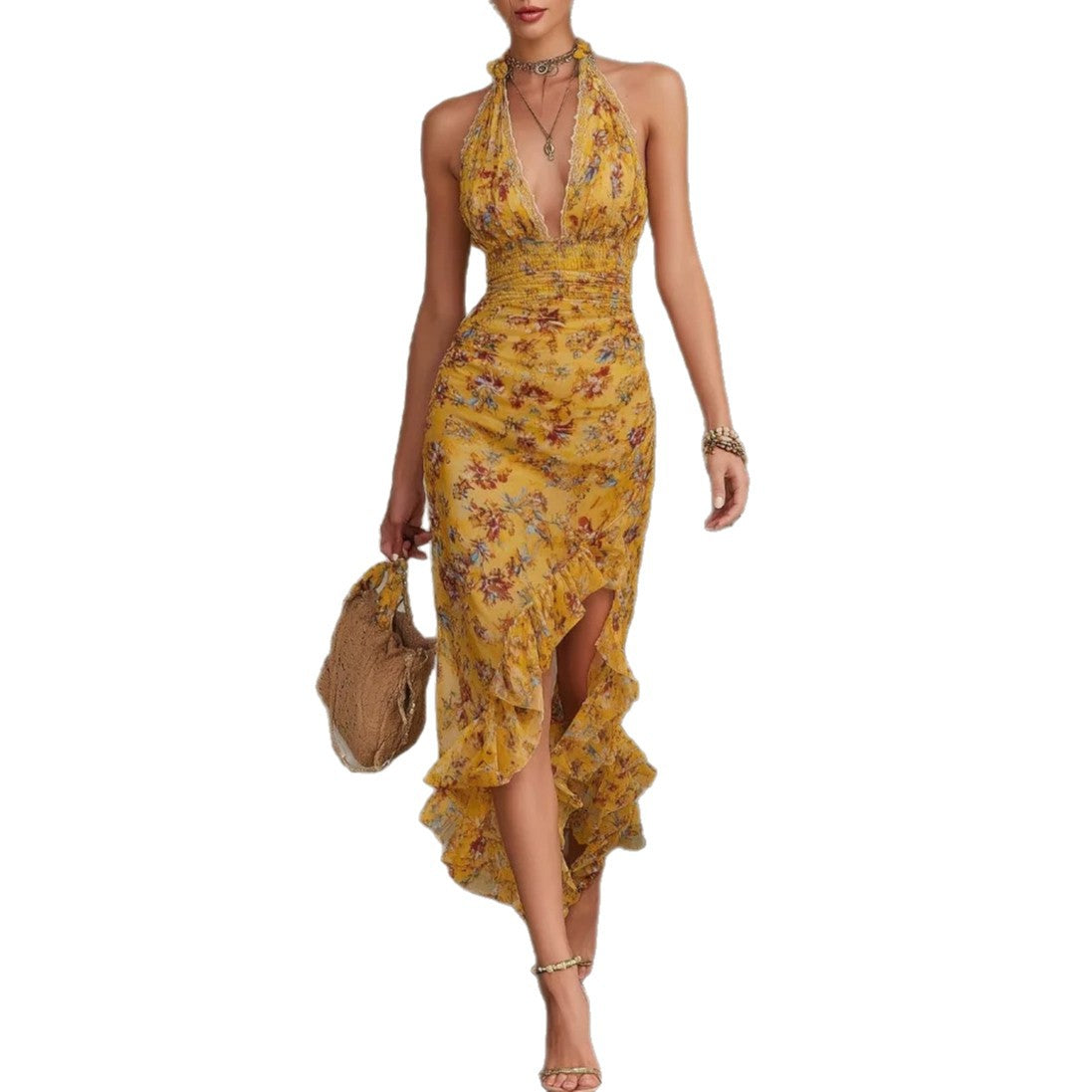 French Vintage Yellow Floral Halter Neck Deep V Ruffle Dress