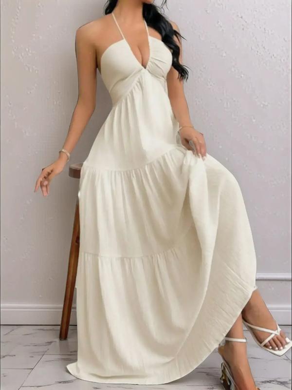 Solid Colour Halter Neck Backless Tie-Up Maxi Dress