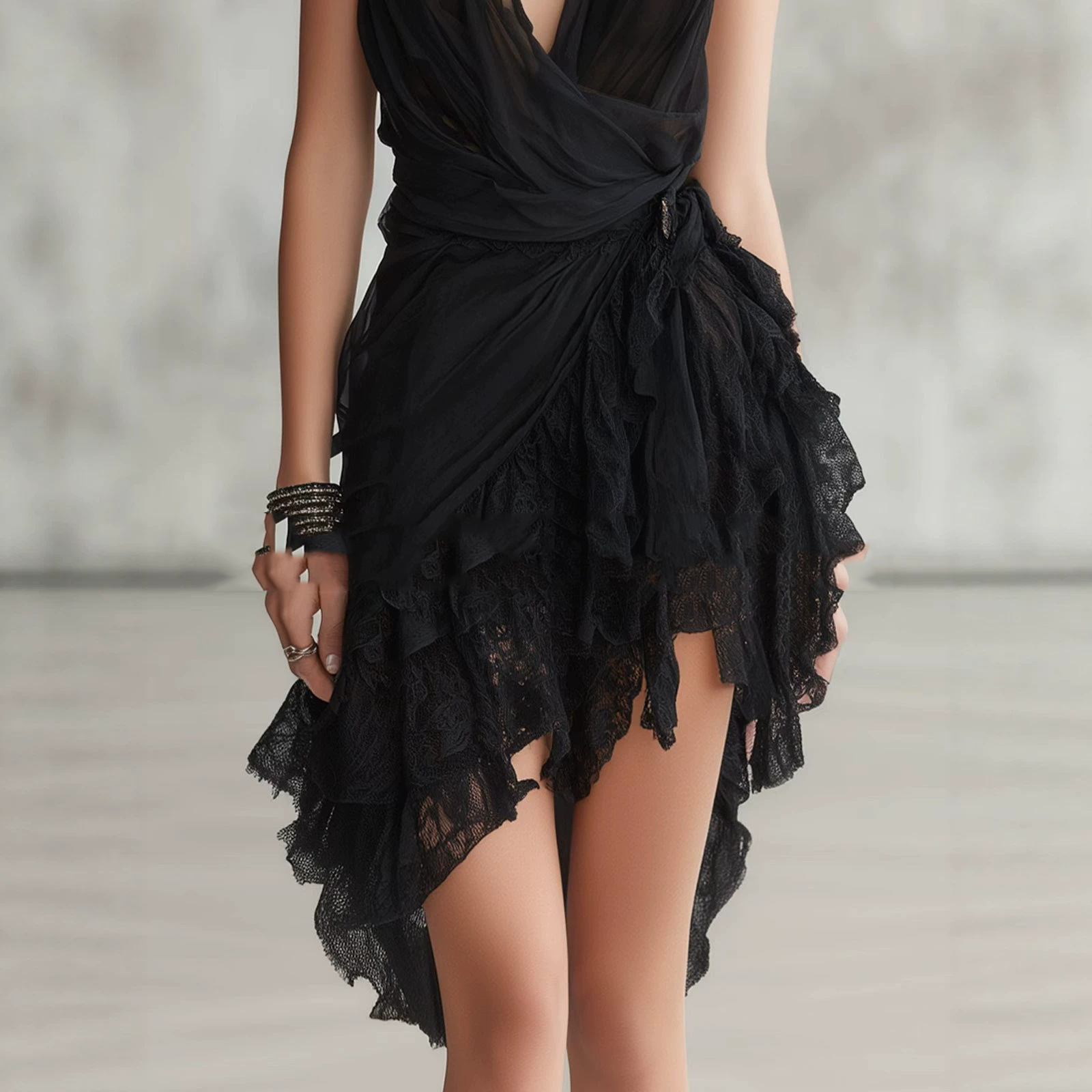 Black Deep V-Neck Chiffon Lace Camisole Short Dress
