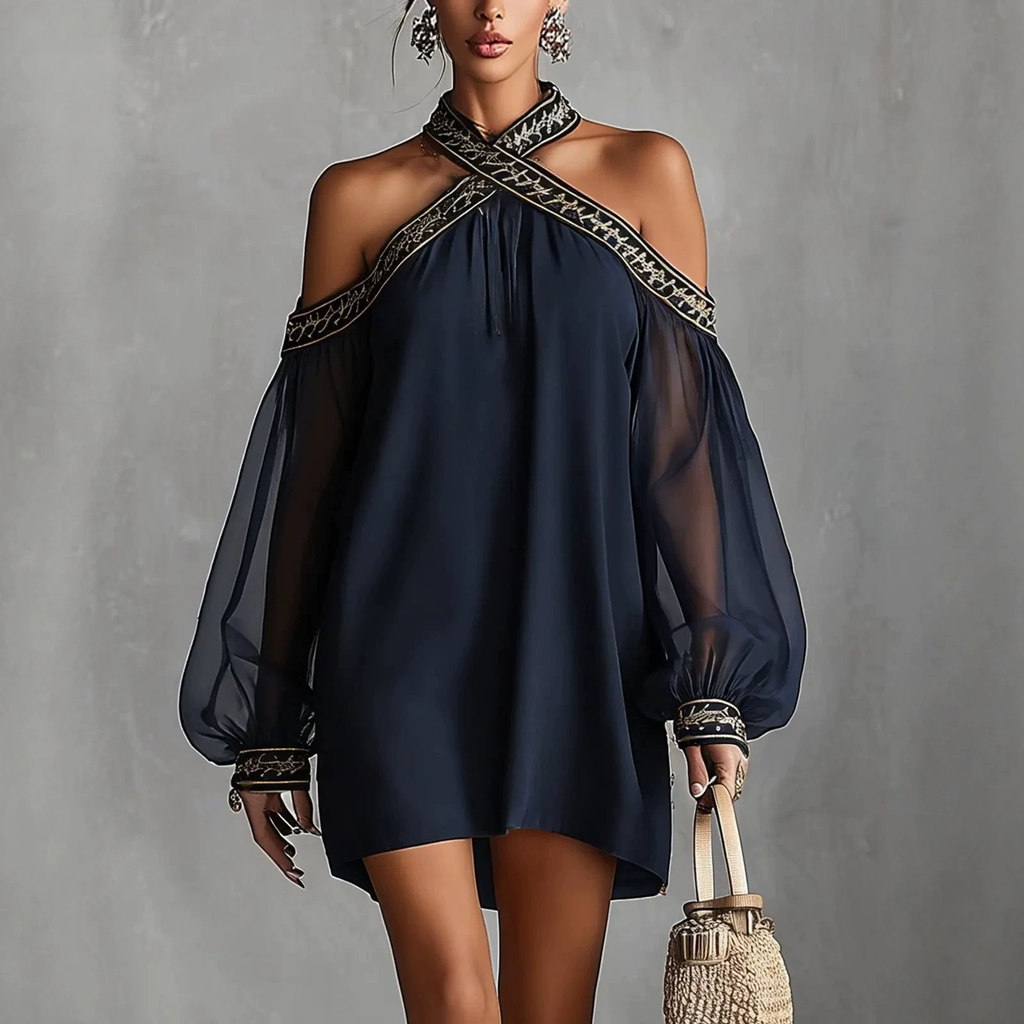 Embroidered Off-Shoulder Sheer Lantern Sleeve Resort Dress
