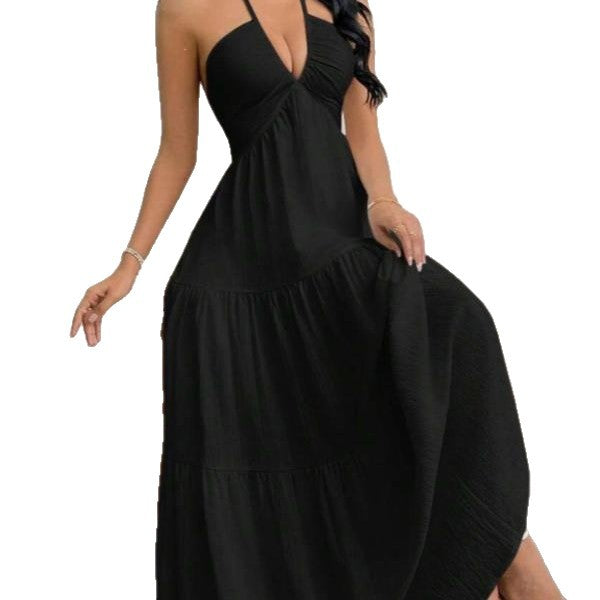 Solid Colour Halter Neck Backless Tie-Up Maxi Dress