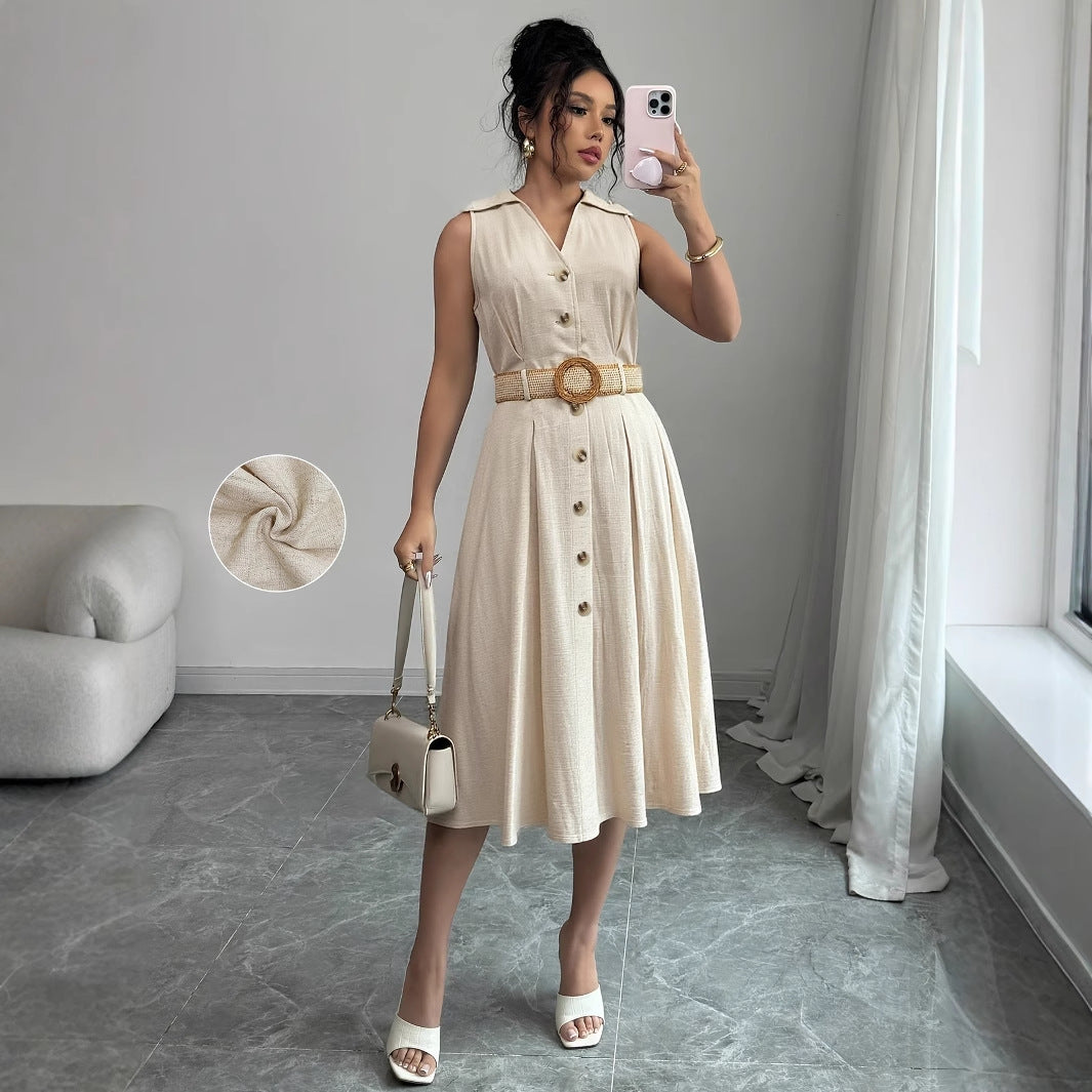 V-Neck Sleeveless Waistband A-Line Shirt Dress