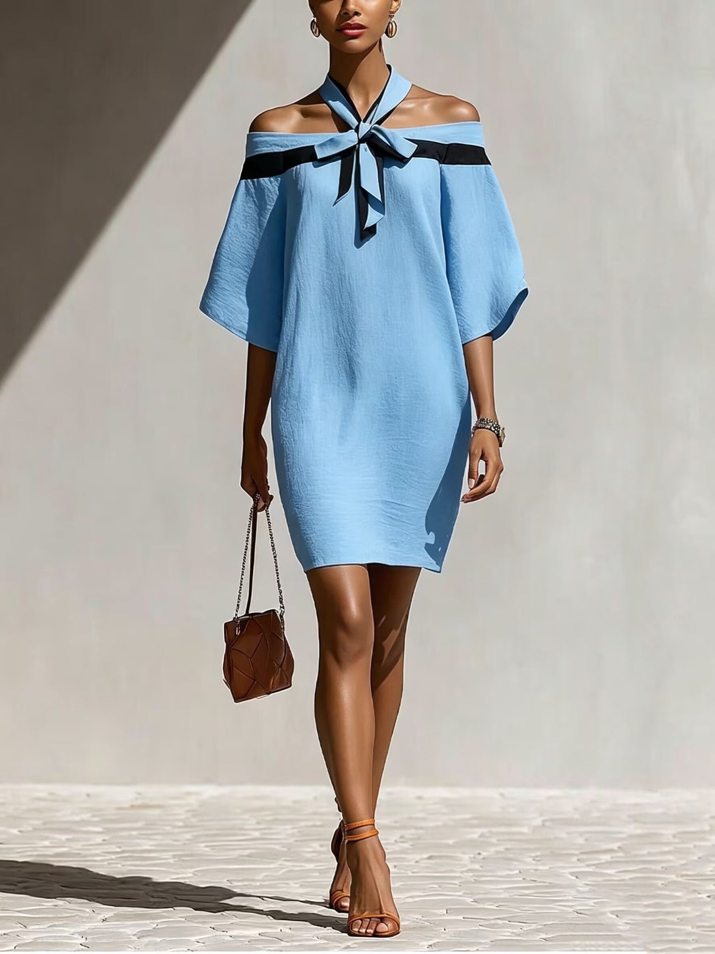 One Shoulder Bow Collar Midi Dress