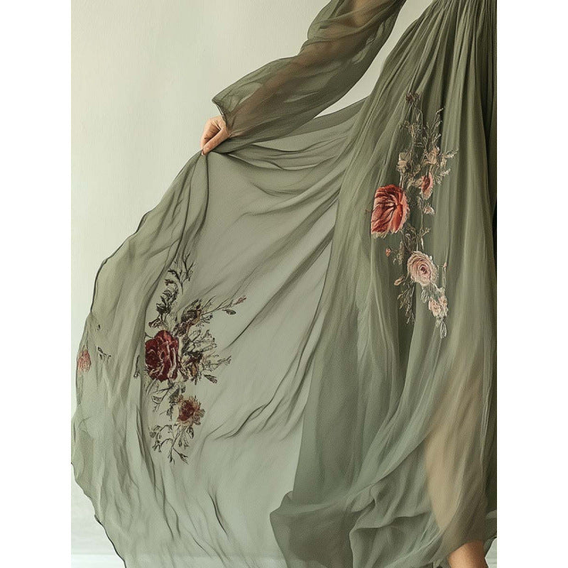 Printed Long Sleeve Stand Collar Maxi Dress