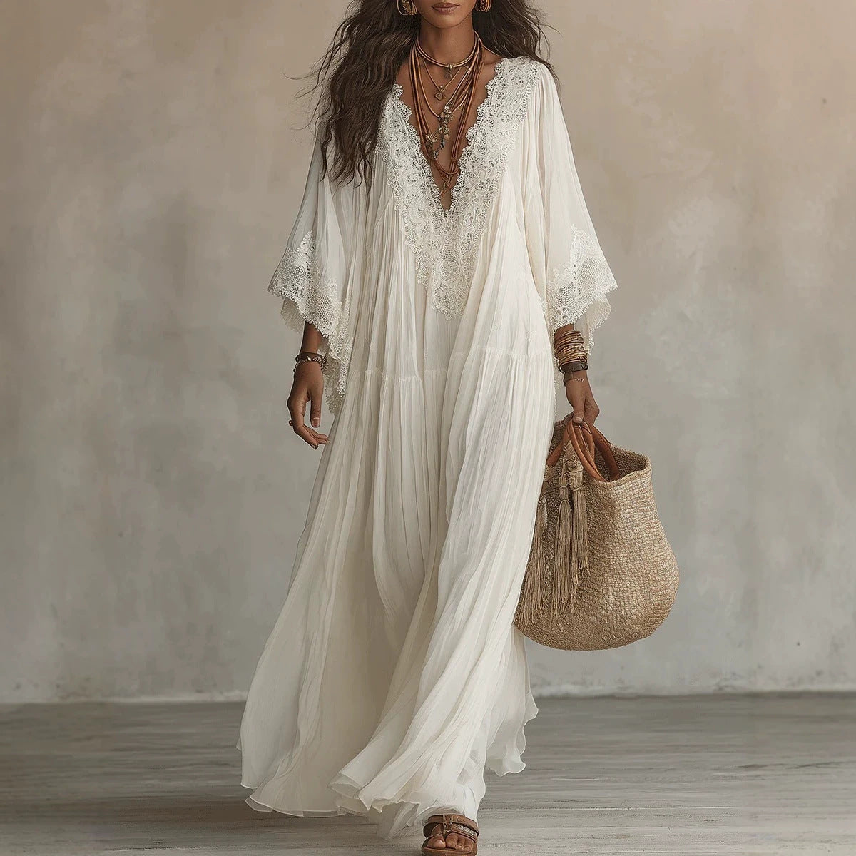Lace Patchwork V-Neck Long Vacation Beach Dress