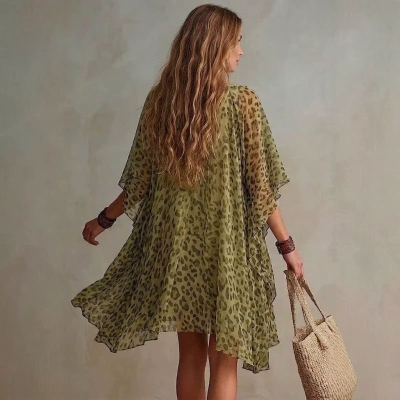 V-Neck Chiffon Leopard Print Beach Cover-Up Dress