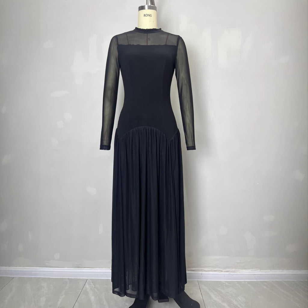 Black Sheer Mesh Hooded Long Sleeve Maxi Dress