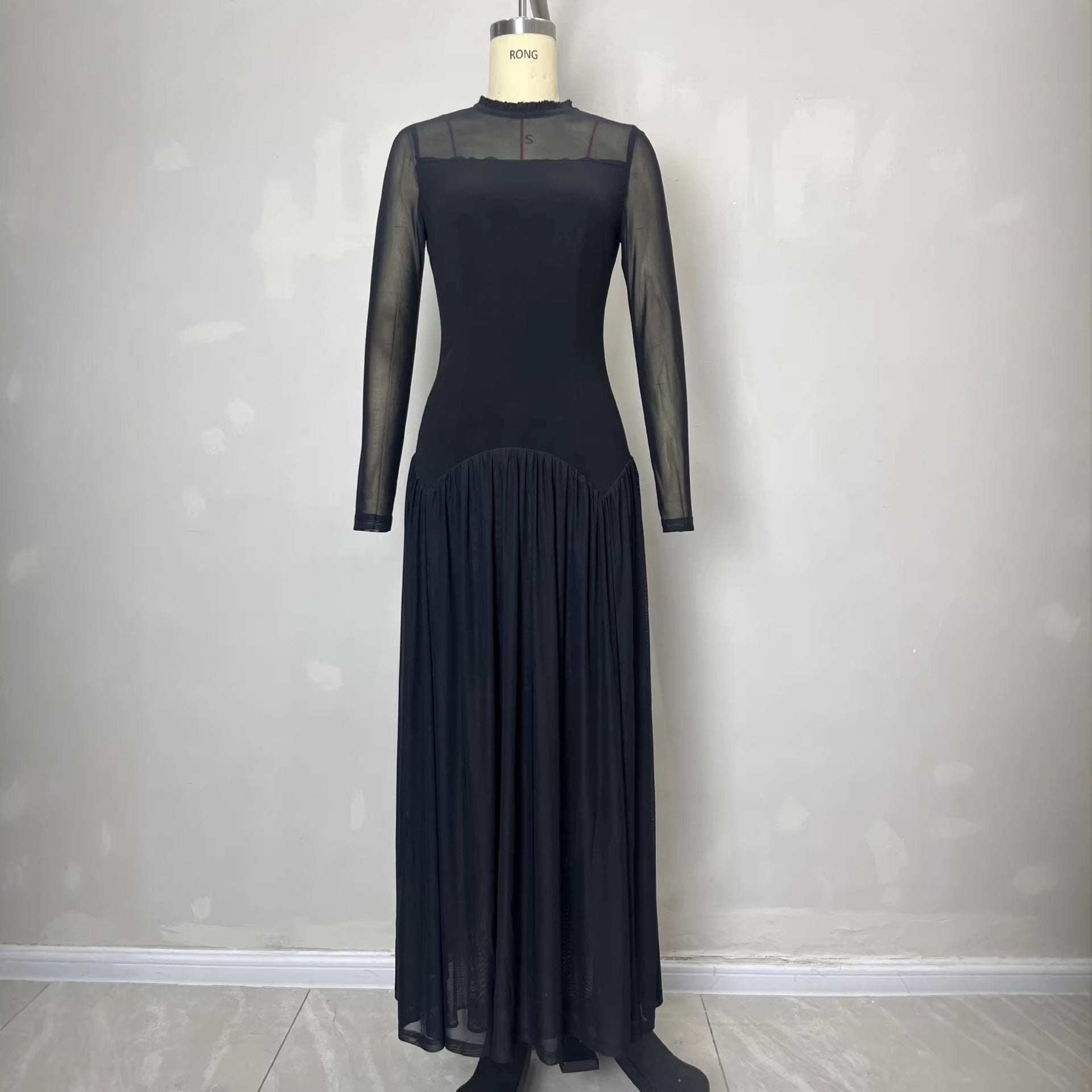 Black Sheer Mesh Hooded Long Sleeve Maxi Dress