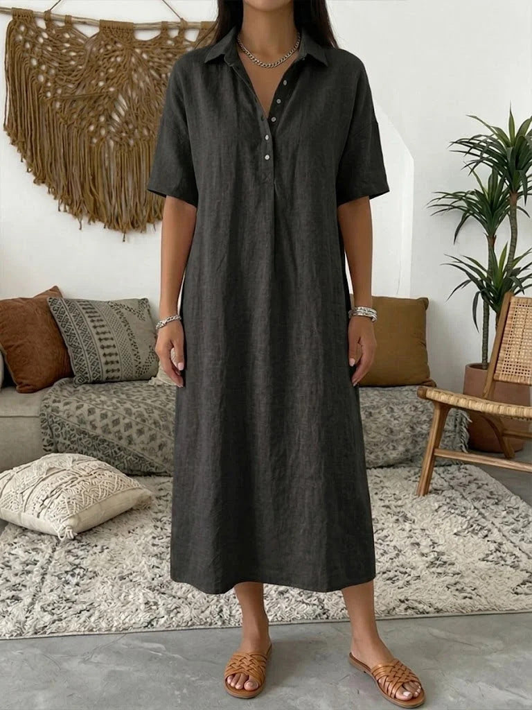 Casual Straight Fit Linen Short Sleeve Polo Neck Dress