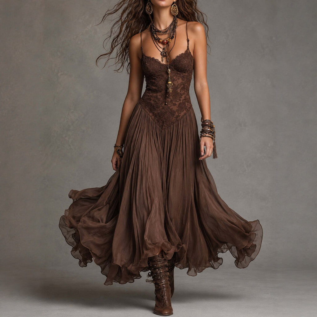 Chiffon Printed Strap Fitted Vintage Flowy Maxi Dress