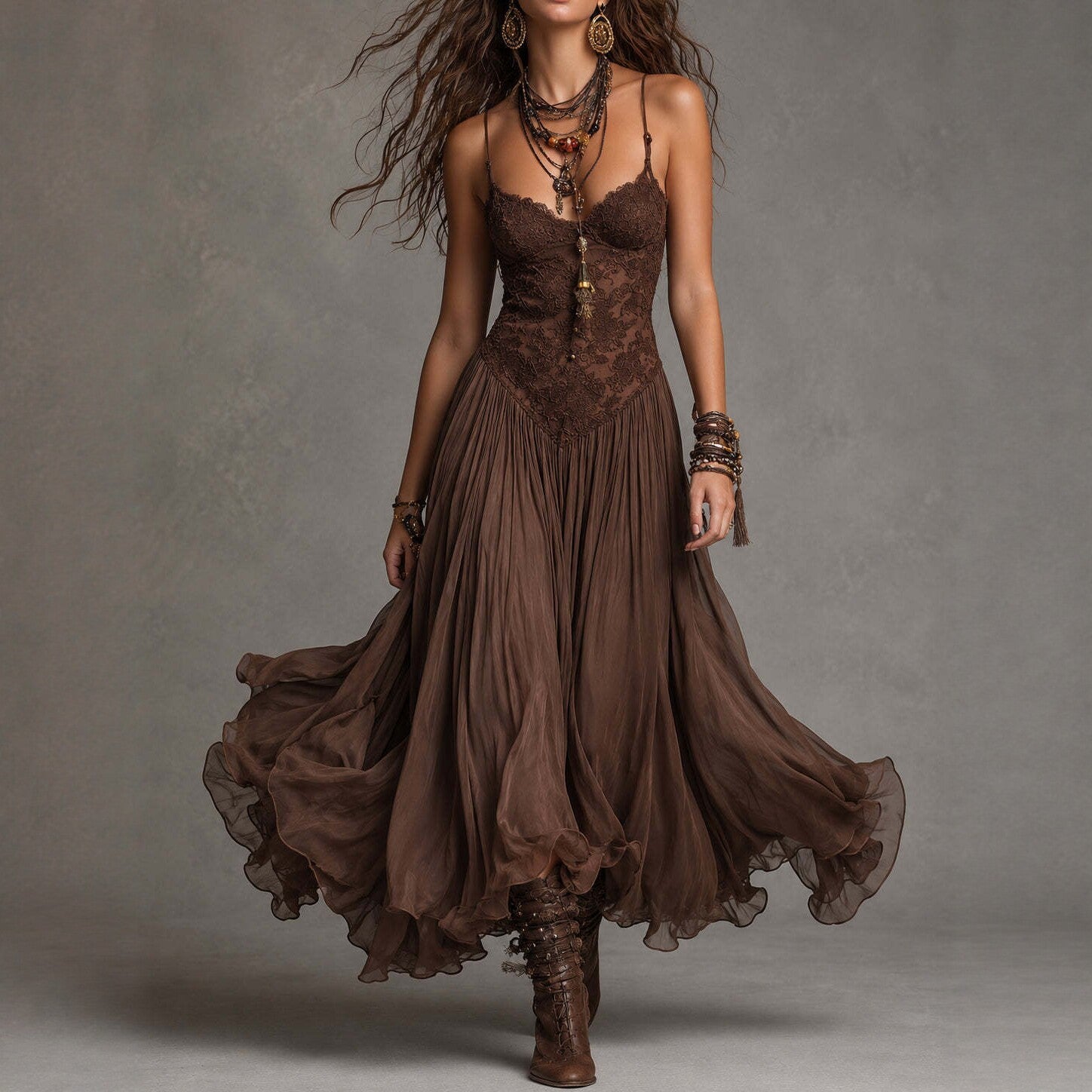 Chiffon Printed Strap Fitted Vintage Flowy Maxi Dress
