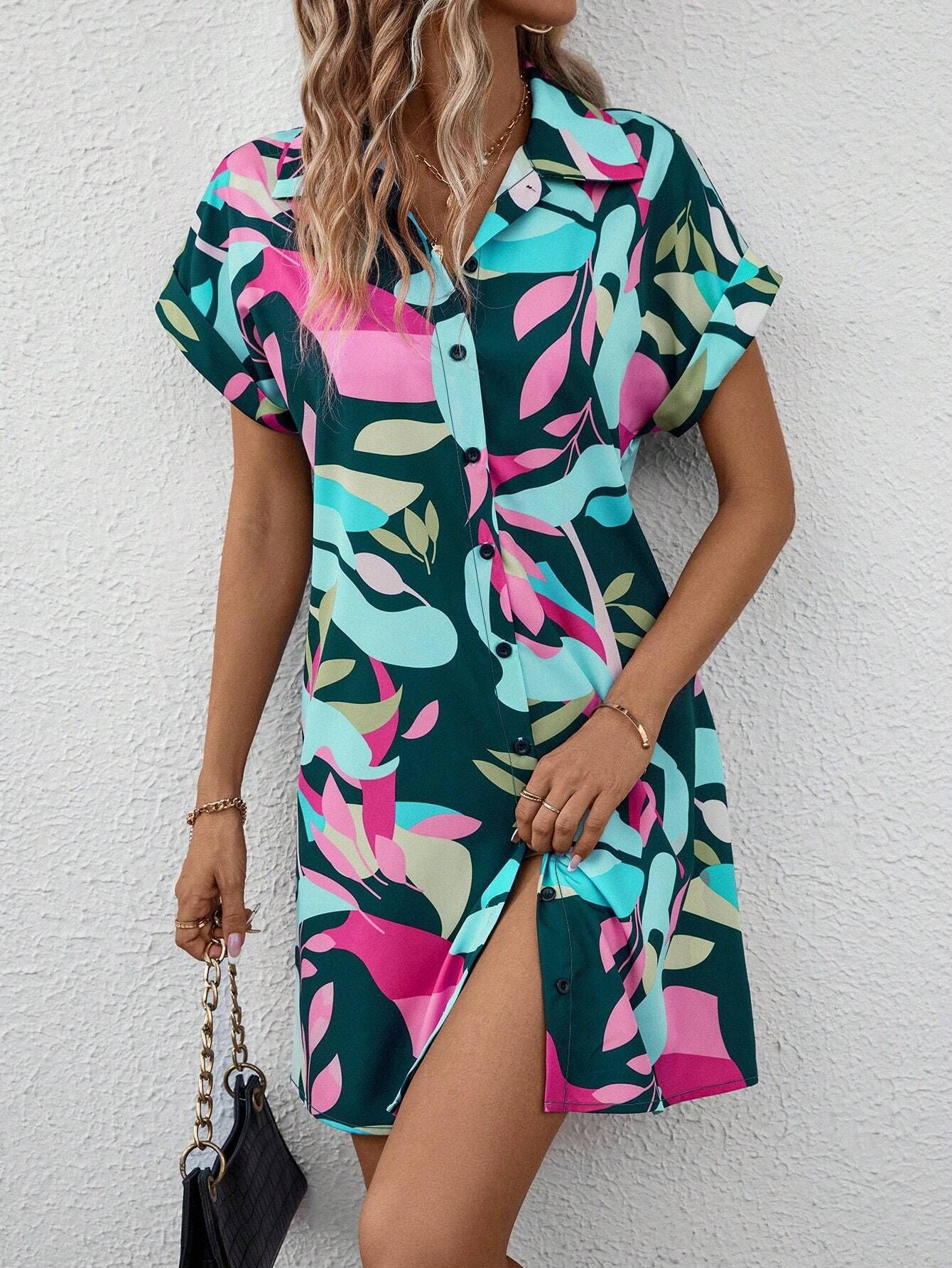 Floral Open-Front High-Waist A-Line Shirt Dress