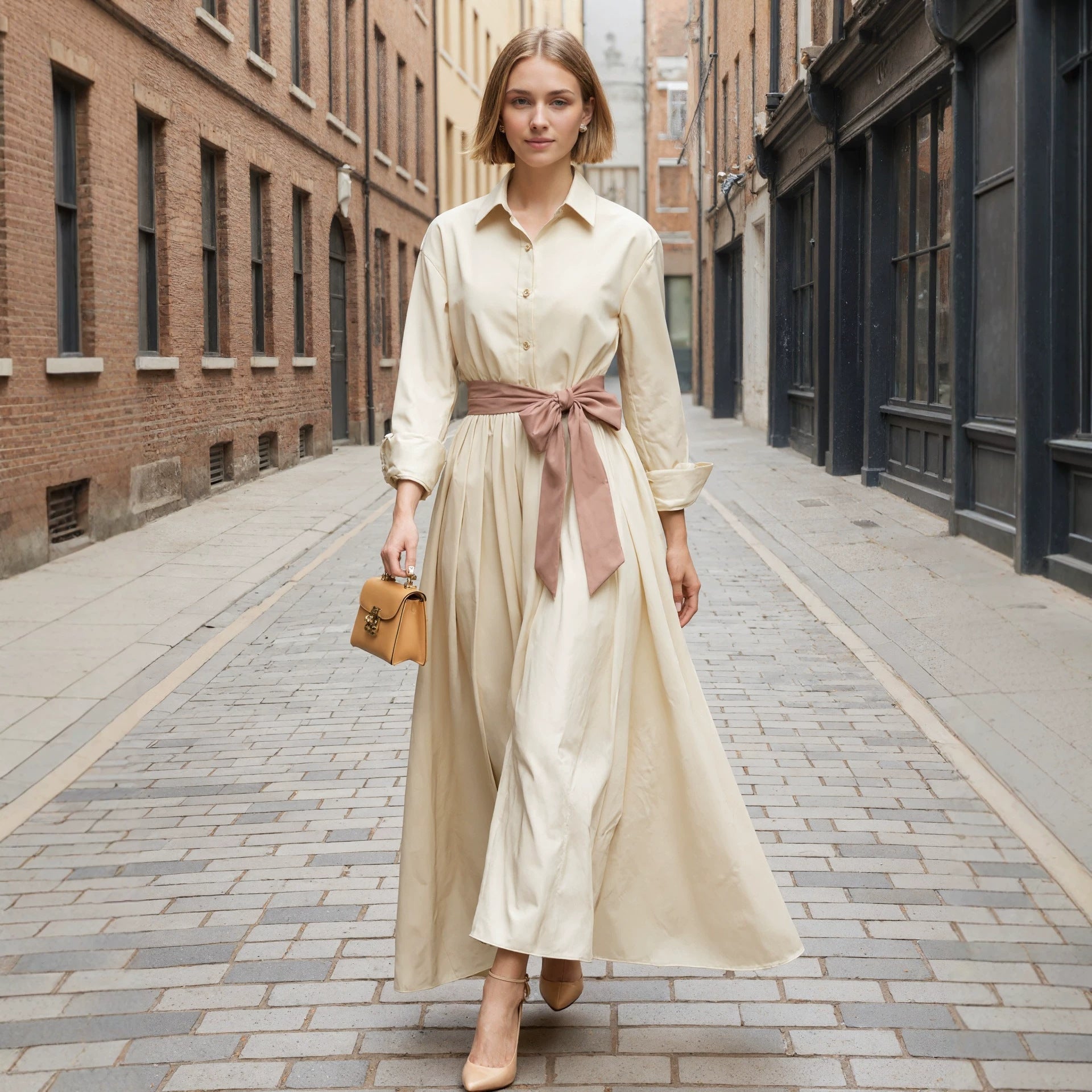 Polo Collar Long Sleeve Button-Front Maxi Dress