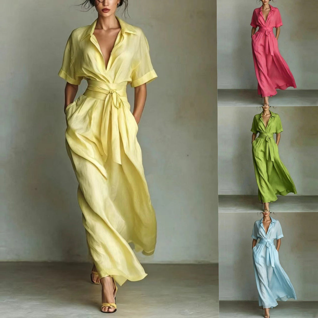 Wide Collar Three-Quarter Sleeve Waist-Defining Maxi Dress