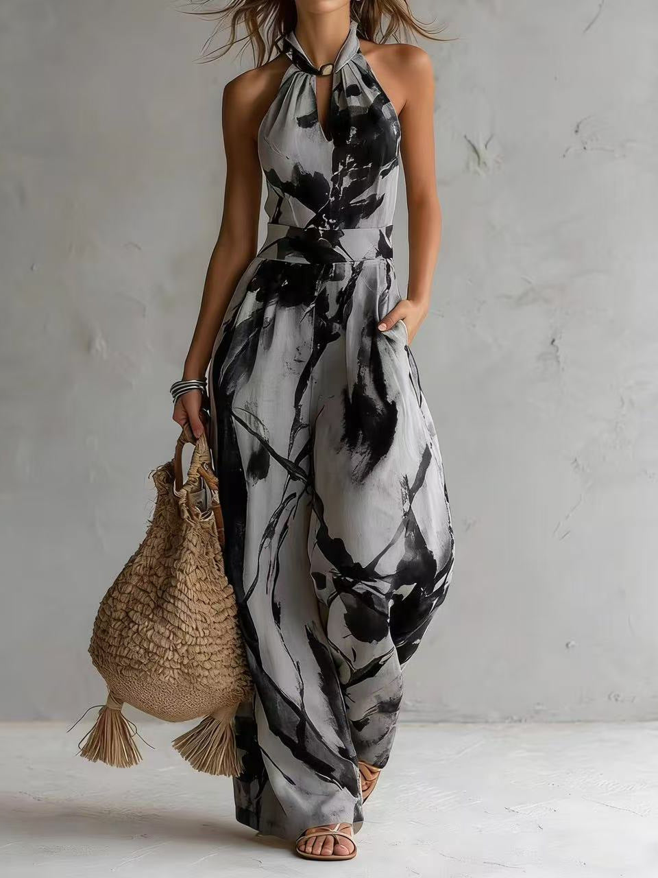 Halter Backless Tie-Dye Wide-Leg Jumpsuit