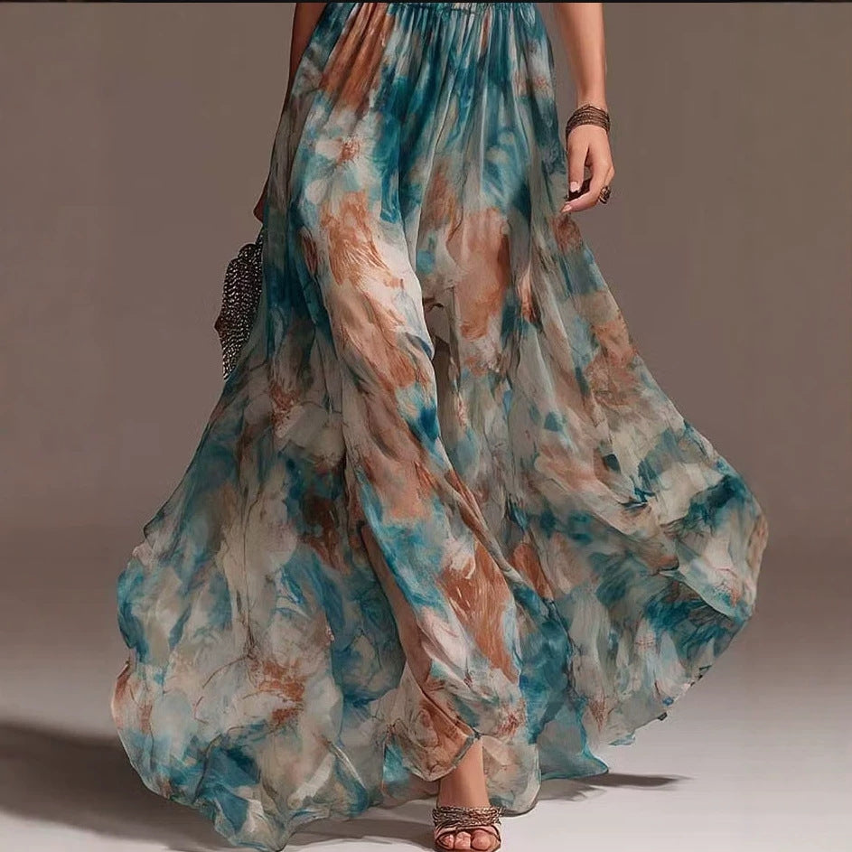 Halter Neck Backless Ink Print Vacation Maxi Dress