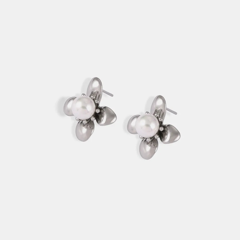 Synthetic Pearl Flower Earrings in Titanium Steel