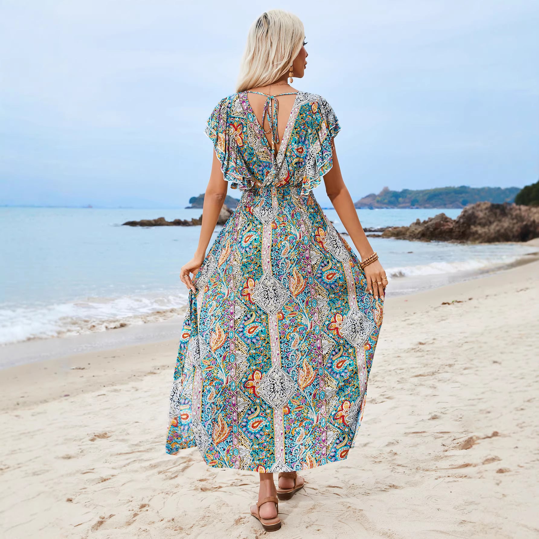 Floral Print Sleeveless Square Neck Ruffle Hem Midi Dress