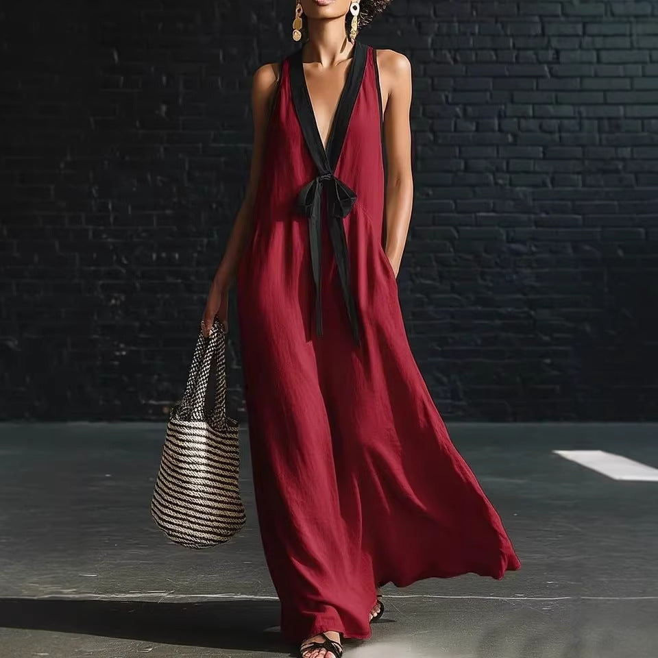 V-Neck Strapless Sleeveless Resort-Style Elegant Maxi Dress